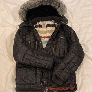 Triple five soul black short puffer with fur hood